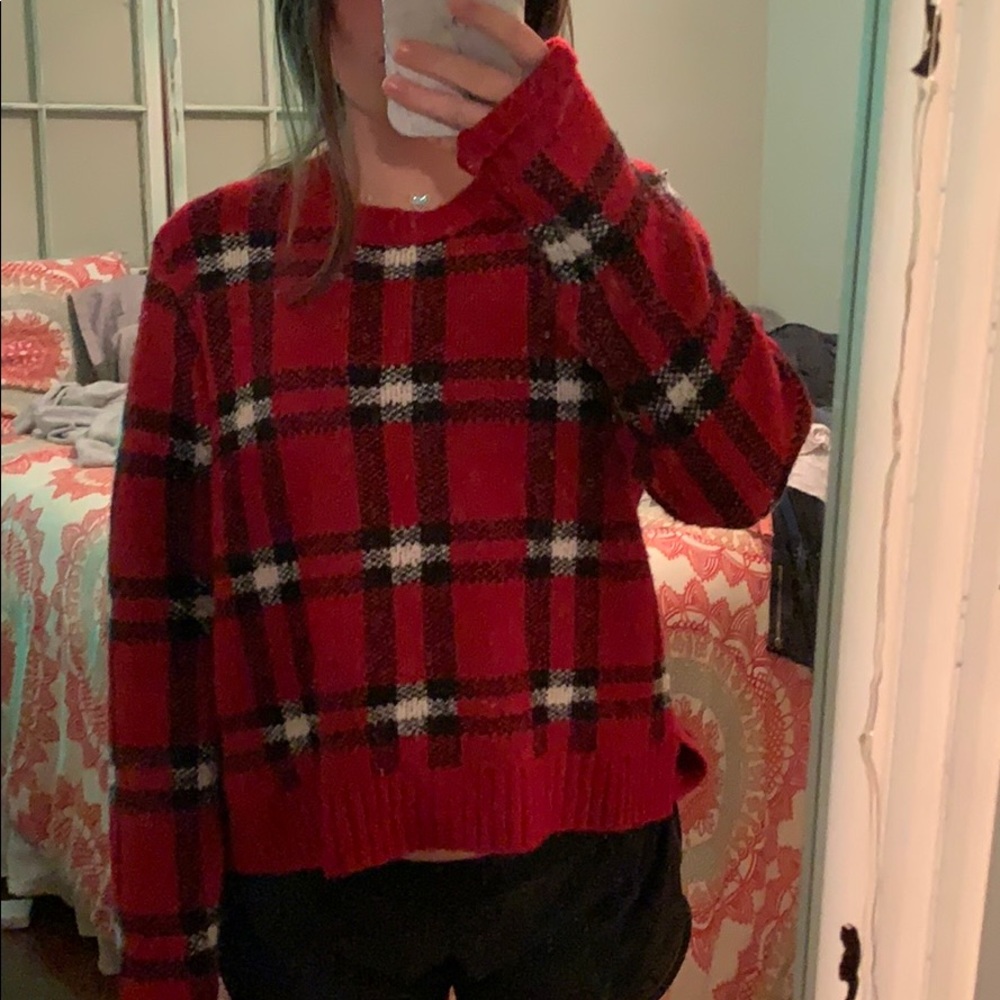 red plaid sweater